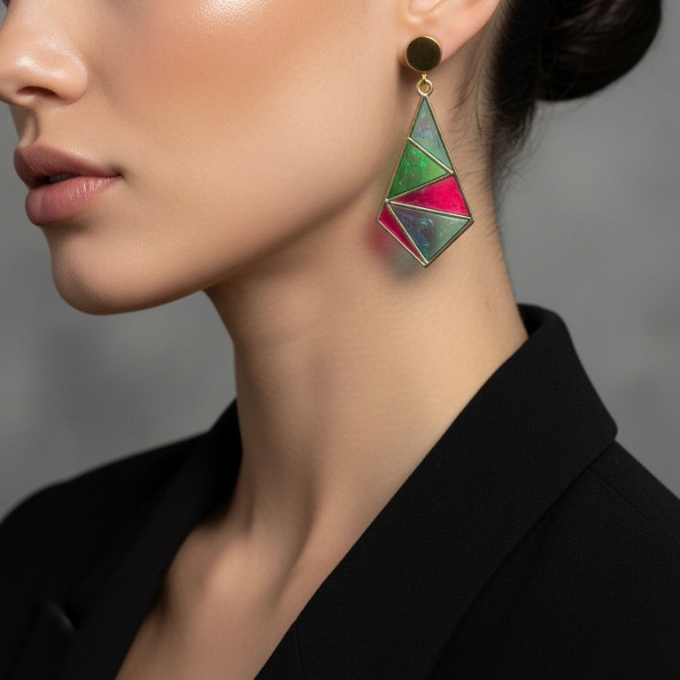 Resin Mosaic Dangle Earrings: Geometric Triangle, Gold Tone