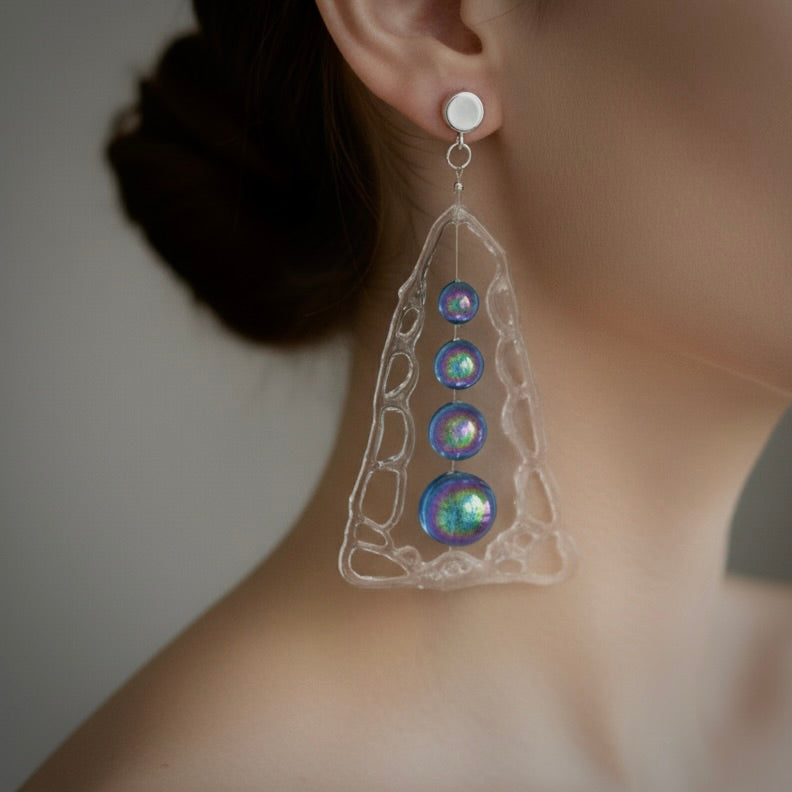 Resin Dangle Drop Earrings: Holographic Dichroic Resin Beads, Cell Structure Art