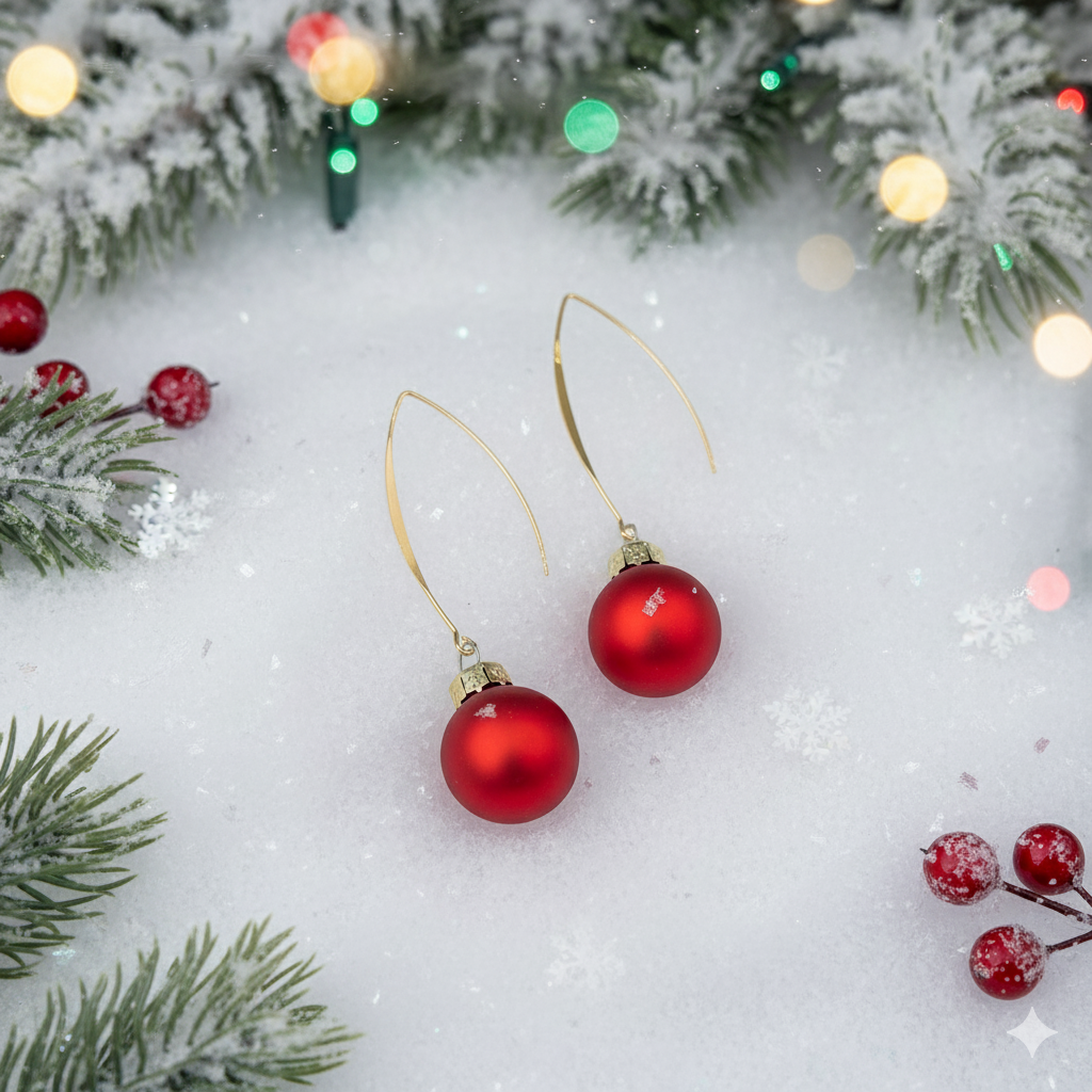 Red Christmas Bauble Drop Earrings - Festive Holiday - Miniature Ornament Dangles