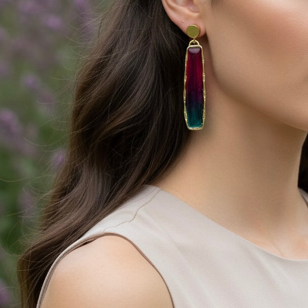 Handmade Ombre Resin Drop Earrings: Gold Statement Jewelry