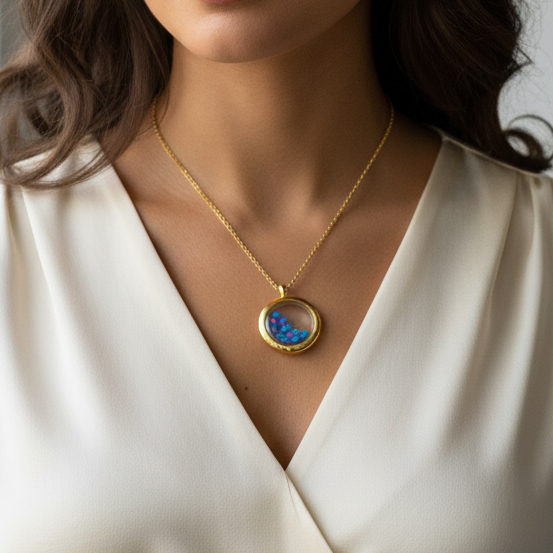 Gold Locket Glass Pendant Necklace Filled with Floating AAA Ethiopian Opals, October Birthstone Jewellery