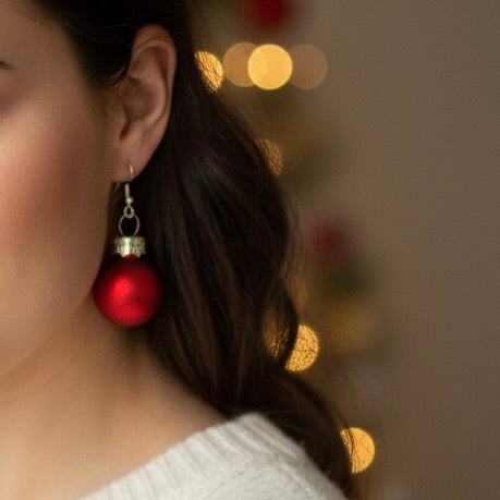Red Christmas Bauble Drop Earrings - Festive Holiday - Miniature Ornament Dangles