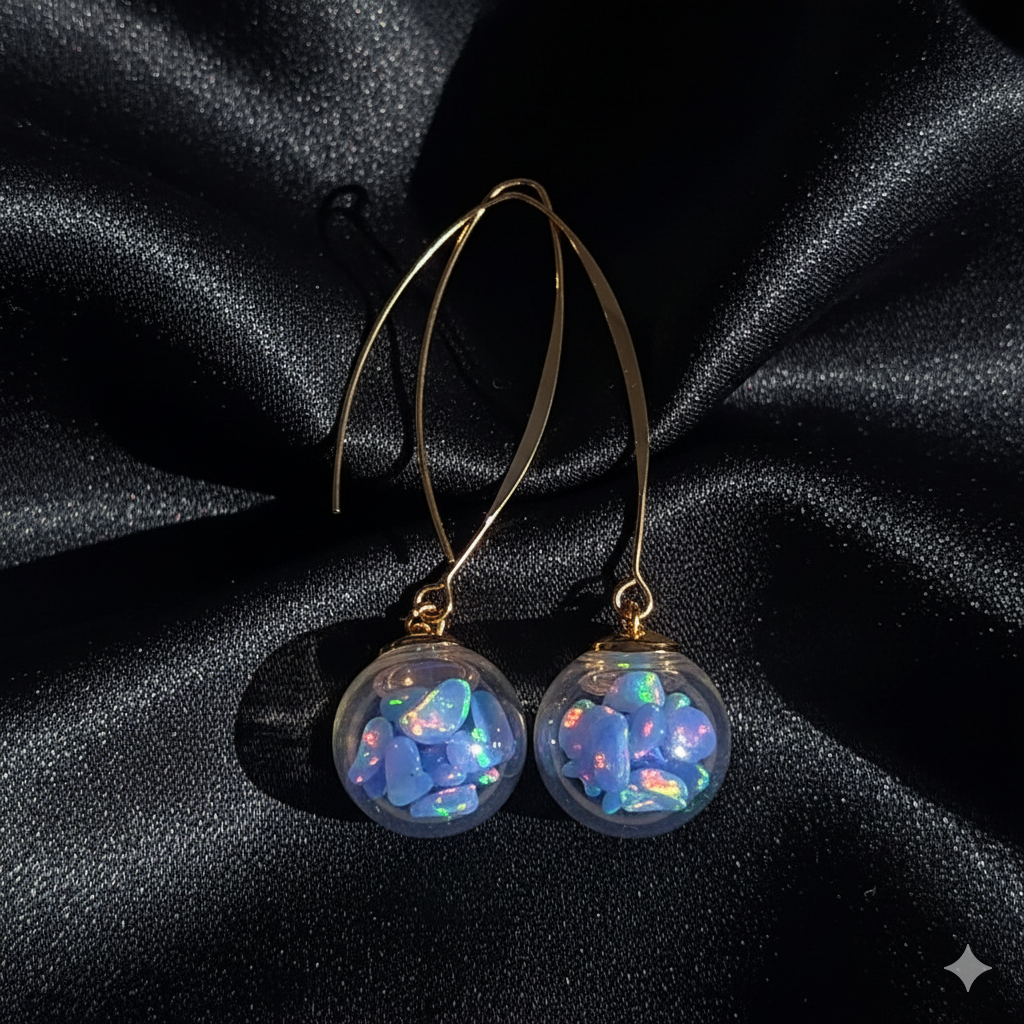 Welo Opal Glass Sphere Earrings: Gold Dangle Handmade Jewelry, Blue Opals, colour change
