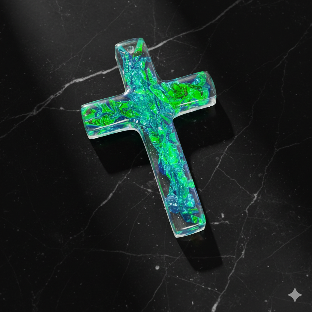 Holographic Iridescent Electric Opal Resin Cross Pendant