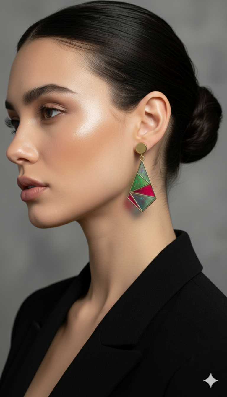 Resin Mosaic Dangle Earrings: Geometric Triangle, Gold Tone