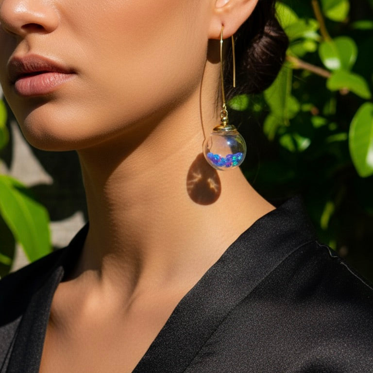Welo Opal Glass Sphere Earrings: Gold Dangle Handmade Jewelry, Blue Opals, colour change