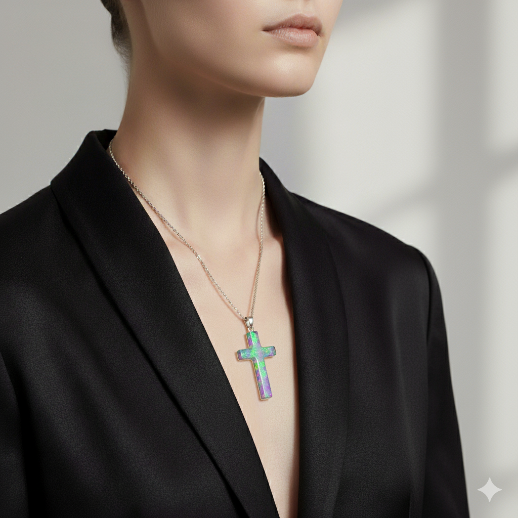 Holographic Iridescent Electric Opal Resin Cross Pendant