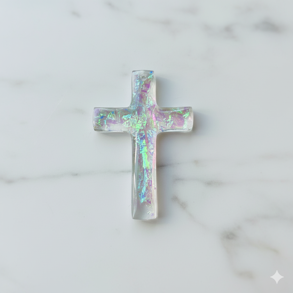 Holographic Iridescent Electric Opal Resin Cross Pendant