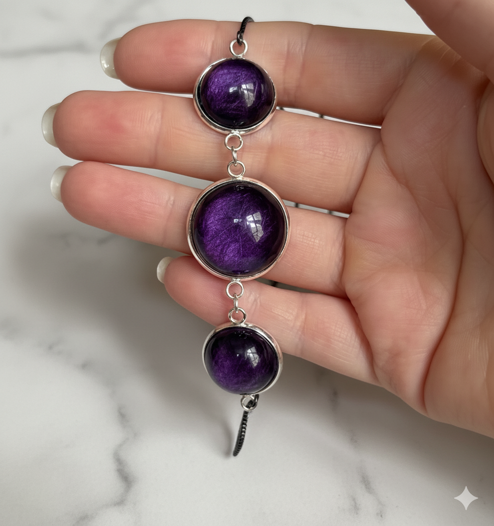 Resin tripple Cabochon Amythyst Style Silver Adjustable Bracelet: Purple Shimmer Handmade Jewelery. Unique