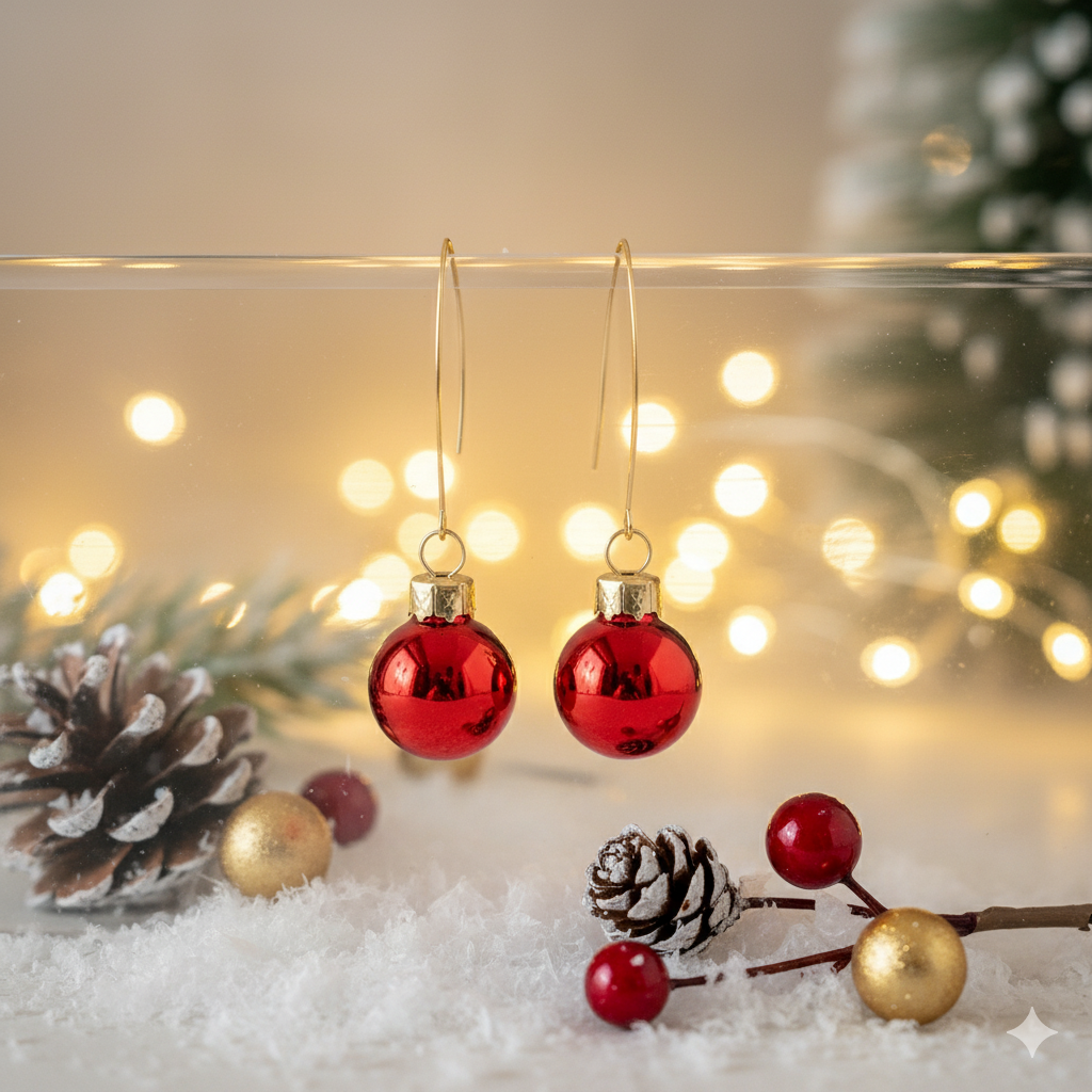 Red Christmas Bauble Drop Earrings - Festive Holiday - Miniature Ornament Dangles