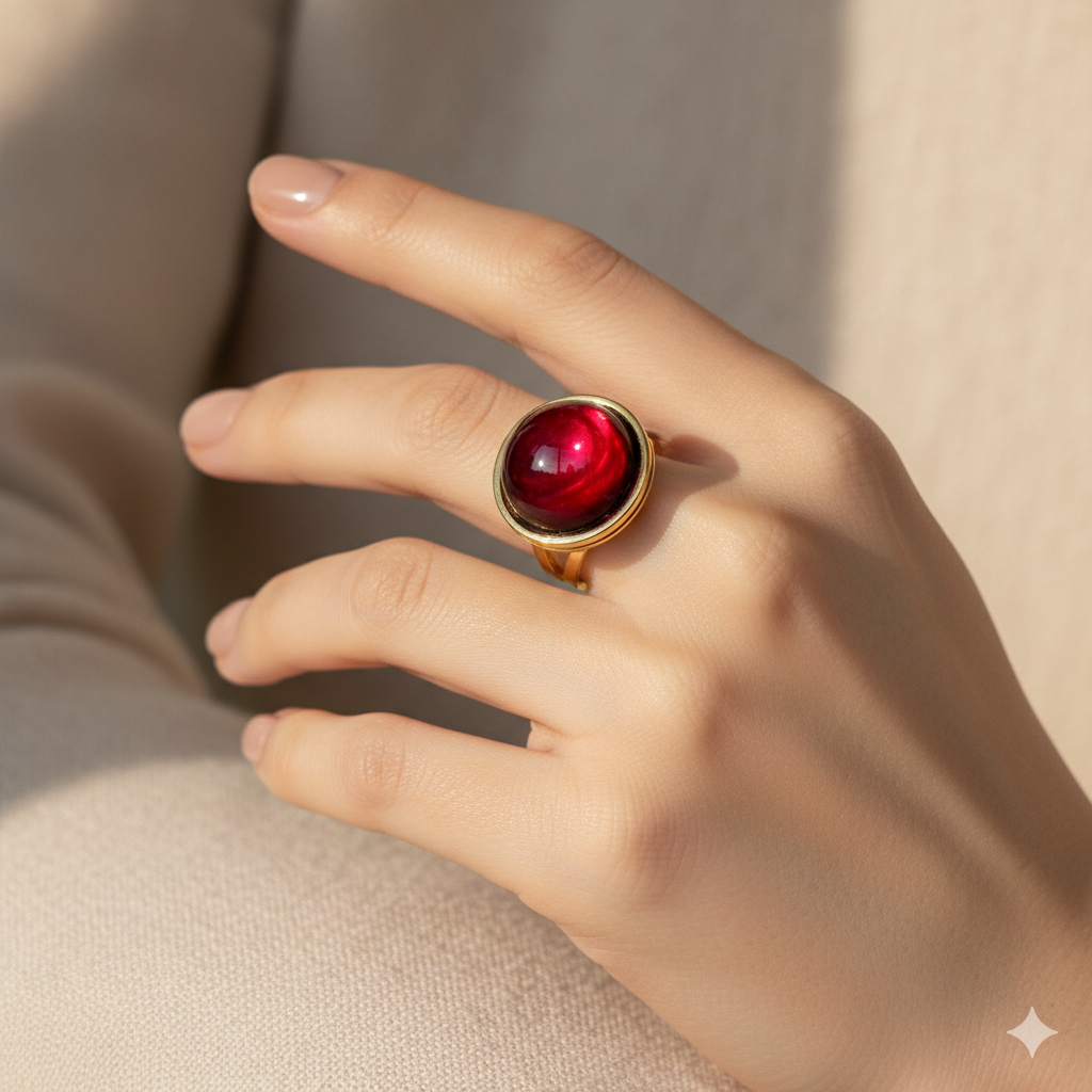 Ruby Red Resin Ring: Gold Tone Cocktail Ring