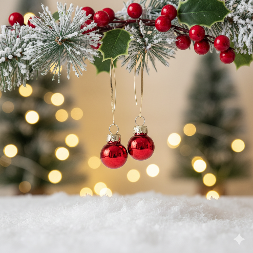 Red Christmas Bauble Drop Earrings - Festive Holiday - Miniature Ornament Dangles