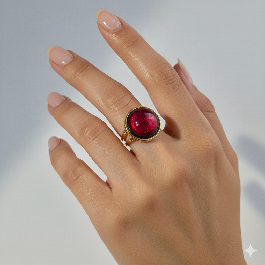 Ruby Red Resin Ring: Gold Tone Cocktail Ring