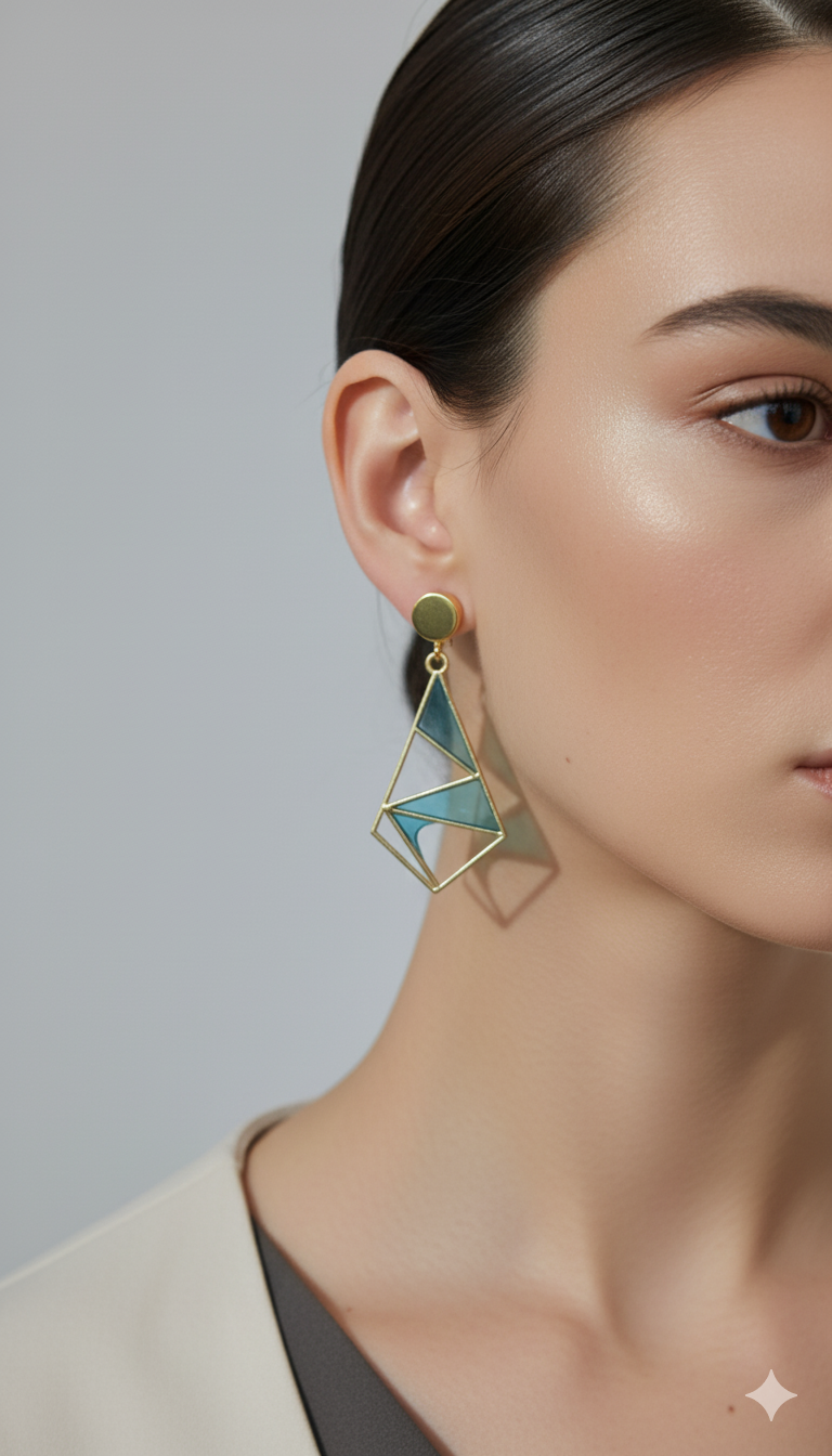 Turquoise Geometric Dangle Earrings: Gold Brass Mosaic Jewelry