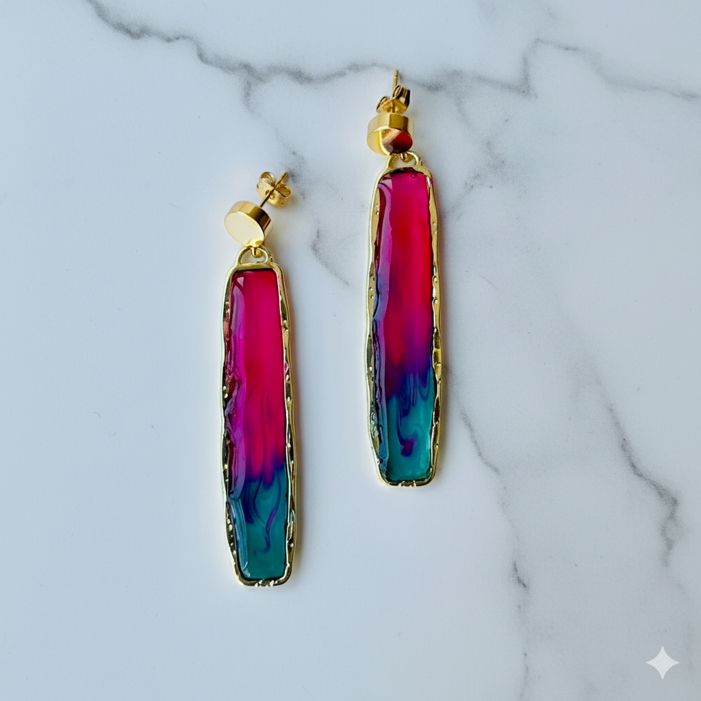 Handmade Ombre Resin Drop Earrings: Gold Statement Jewelry