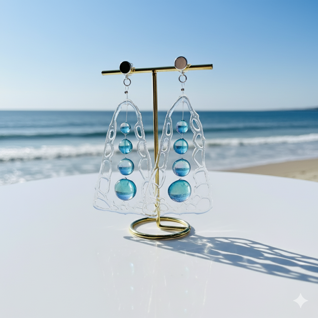 Resin Dangle Drop Earrings: Holographic Dichroic Resin Beads, Cell Structure Art