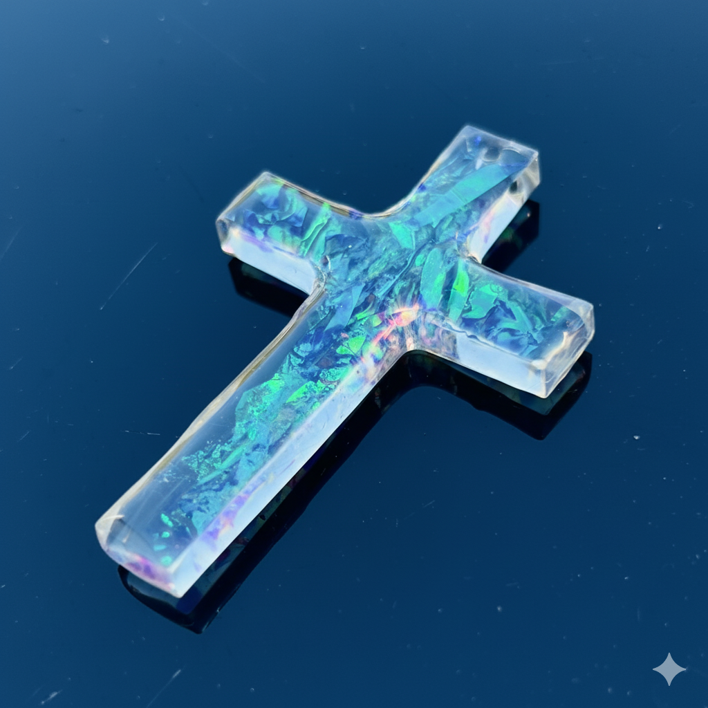 Holographic Iridescent Electric Opal Resin Cross Pendant