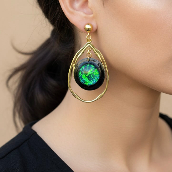 Galaxy Opal Earrings: Gold Teardrop Dangle, Handmade Resin Celestial Jewelry