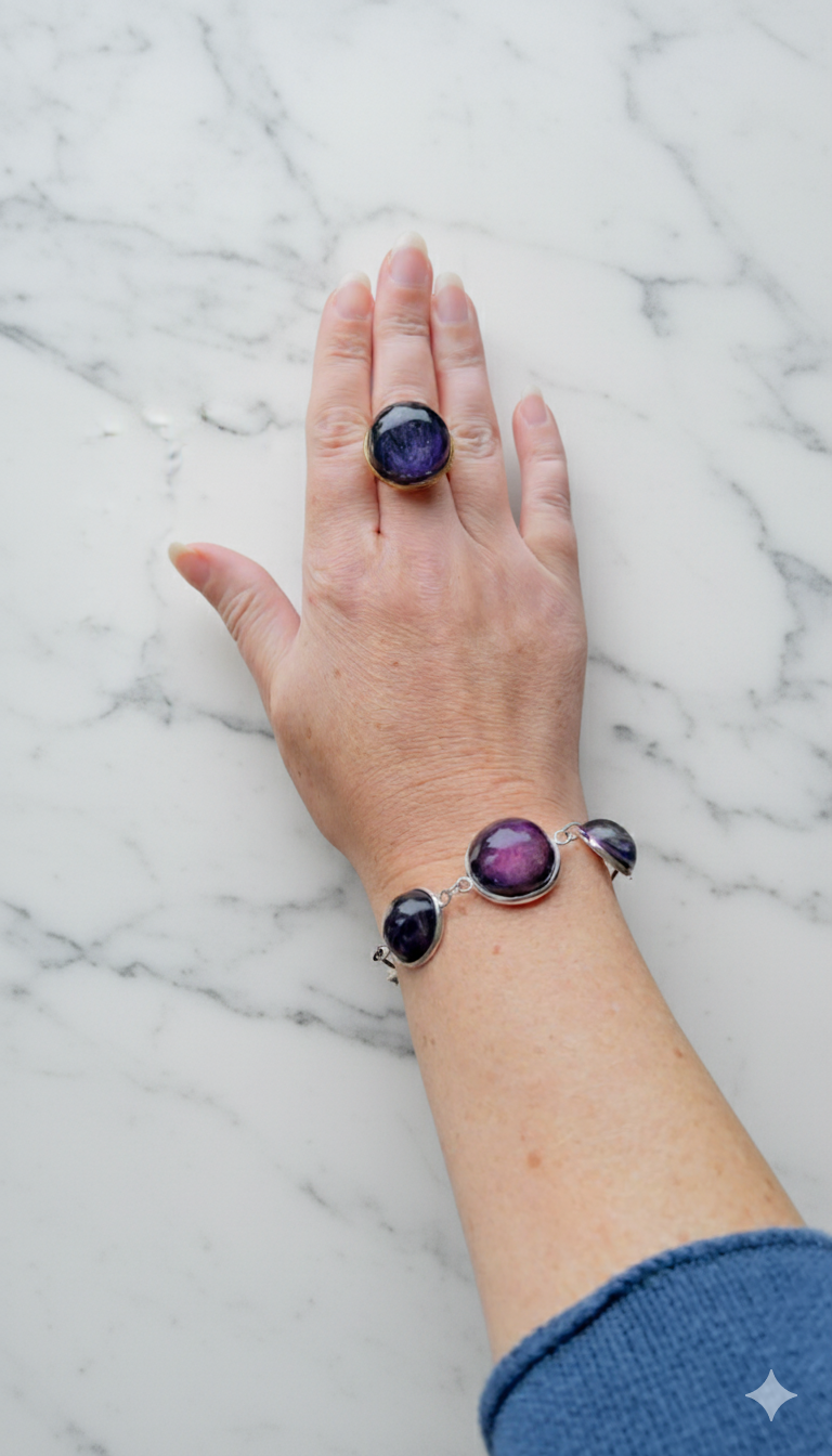 Resin tripple Cabochon Amythyst Style Silver Adjustable Bracelet: Purple Shimmer Handmade Jewelery. Unique