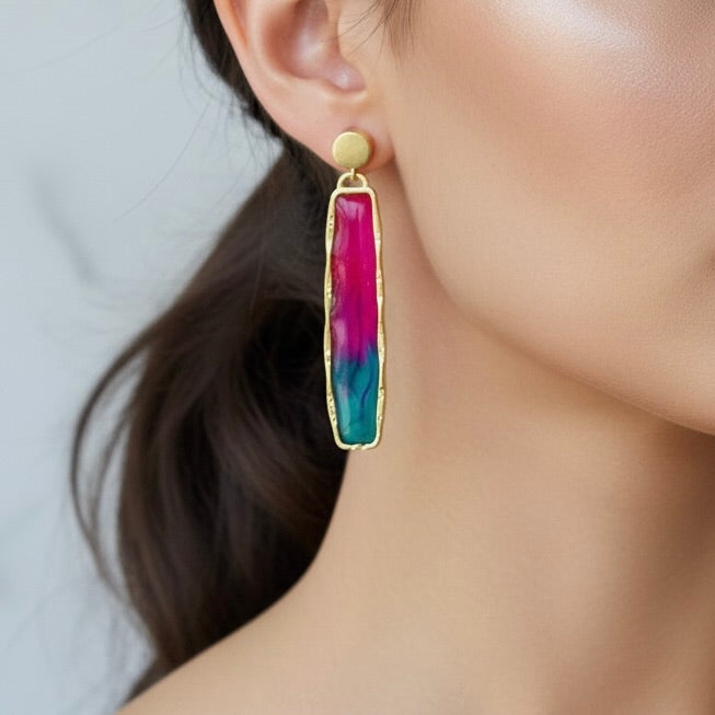 Handmade Ombre Resin Drop Earrings: Gold Statement Jewelry
