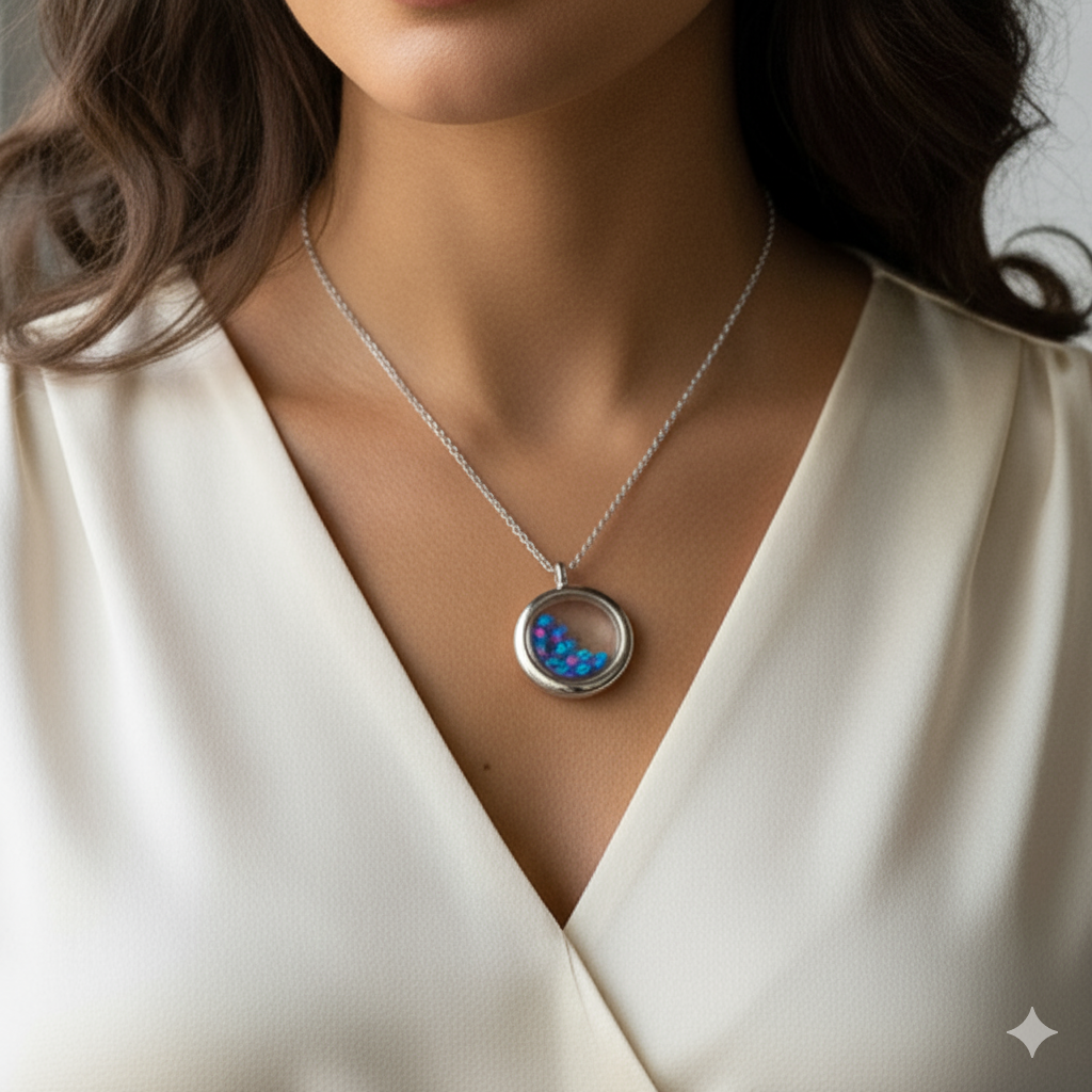 Silver Locket Glass Pendant Necklace Filled with Floating AAA Ethiopian Opals, October Birthstone Jewellery