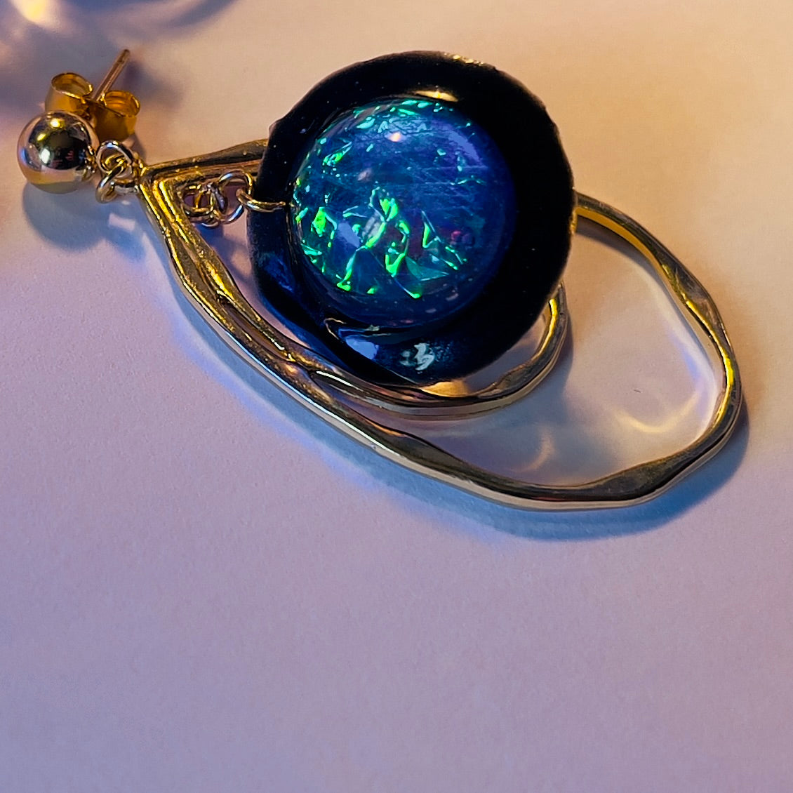 Galaxy Opal Earrings: Gold Teardrop Dangle, Handmade Resin Celestial Jewelry