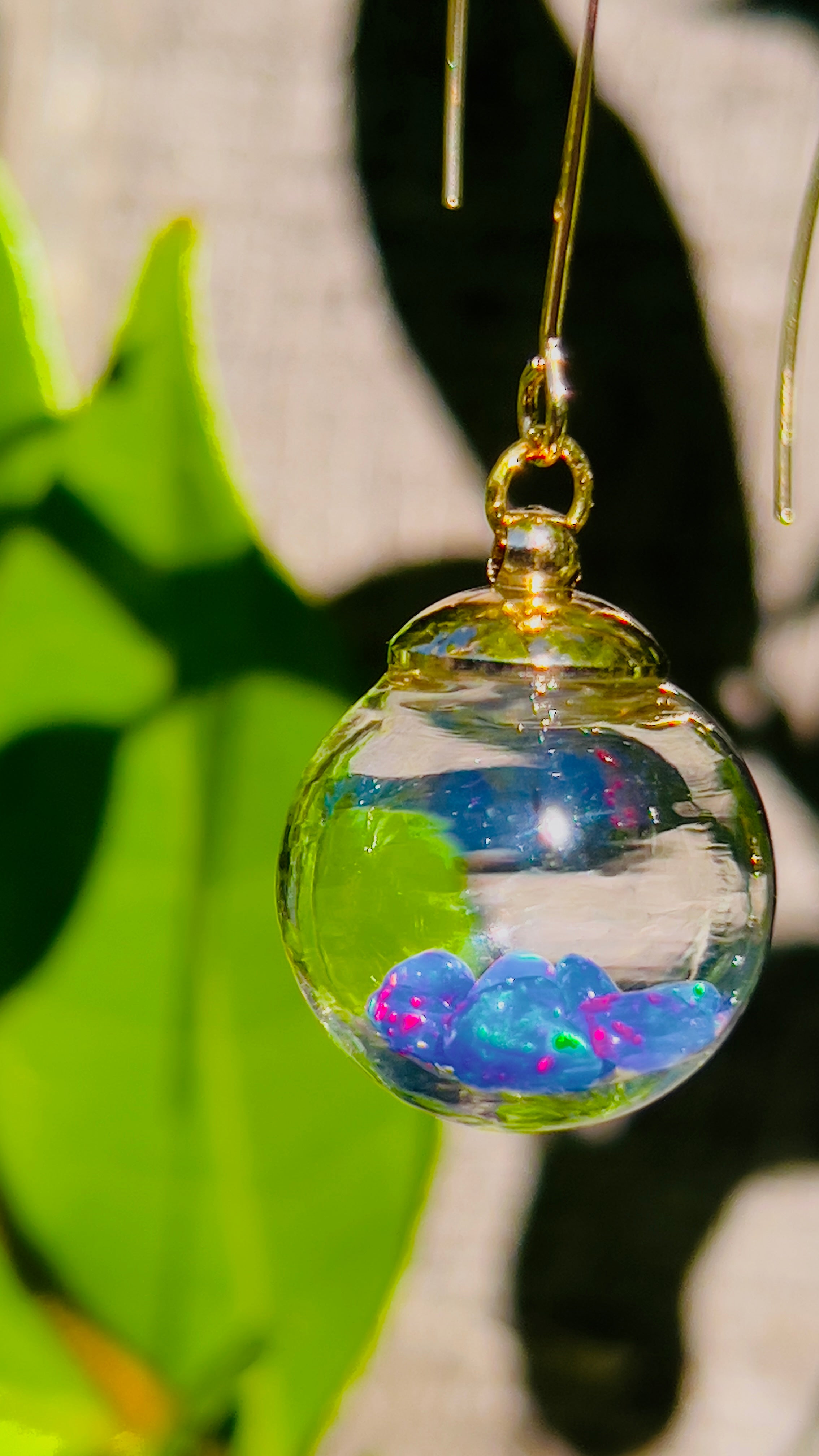 Welo Opal Glass Sphere Earrings: Gold Dangle Handmade Jewelry, Blue Opals, colour change