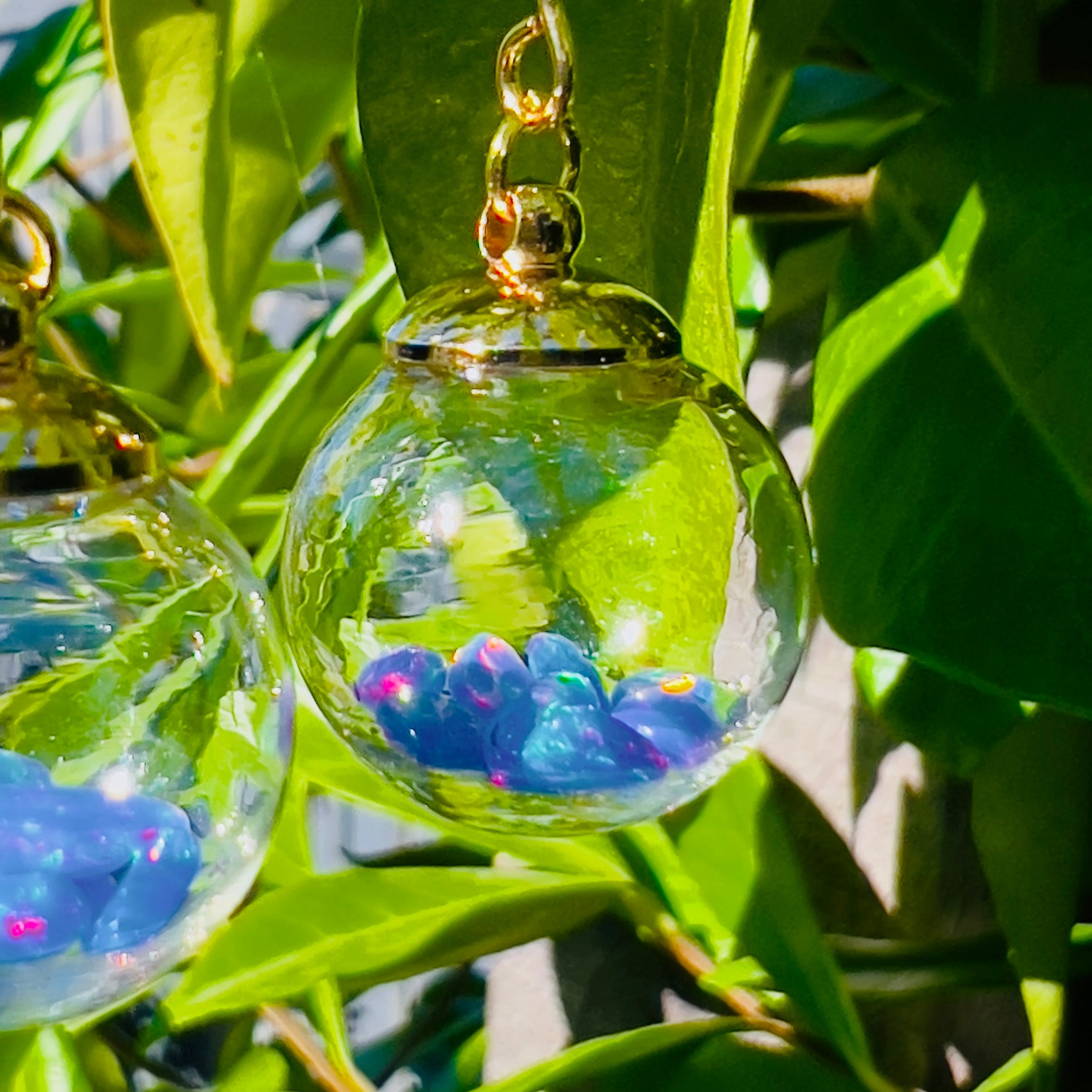 Welo Opal Glass Sphere Earrings: Gold Dangle Handmade Jewelry, Blue Opals, colour change