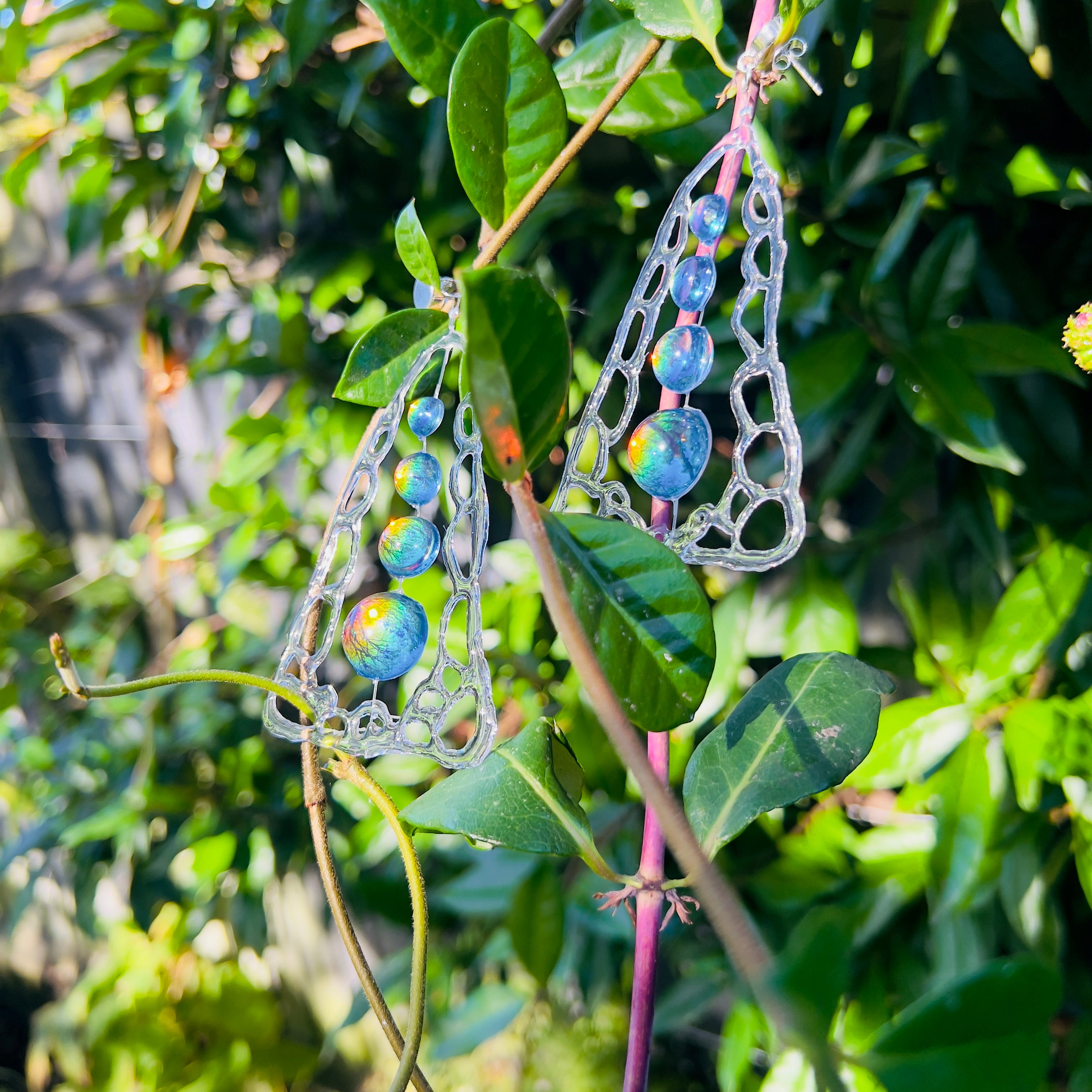 Resin Dangle Drop Earrings: Holographic Dichroic Resin Beads, Cell Structure Art