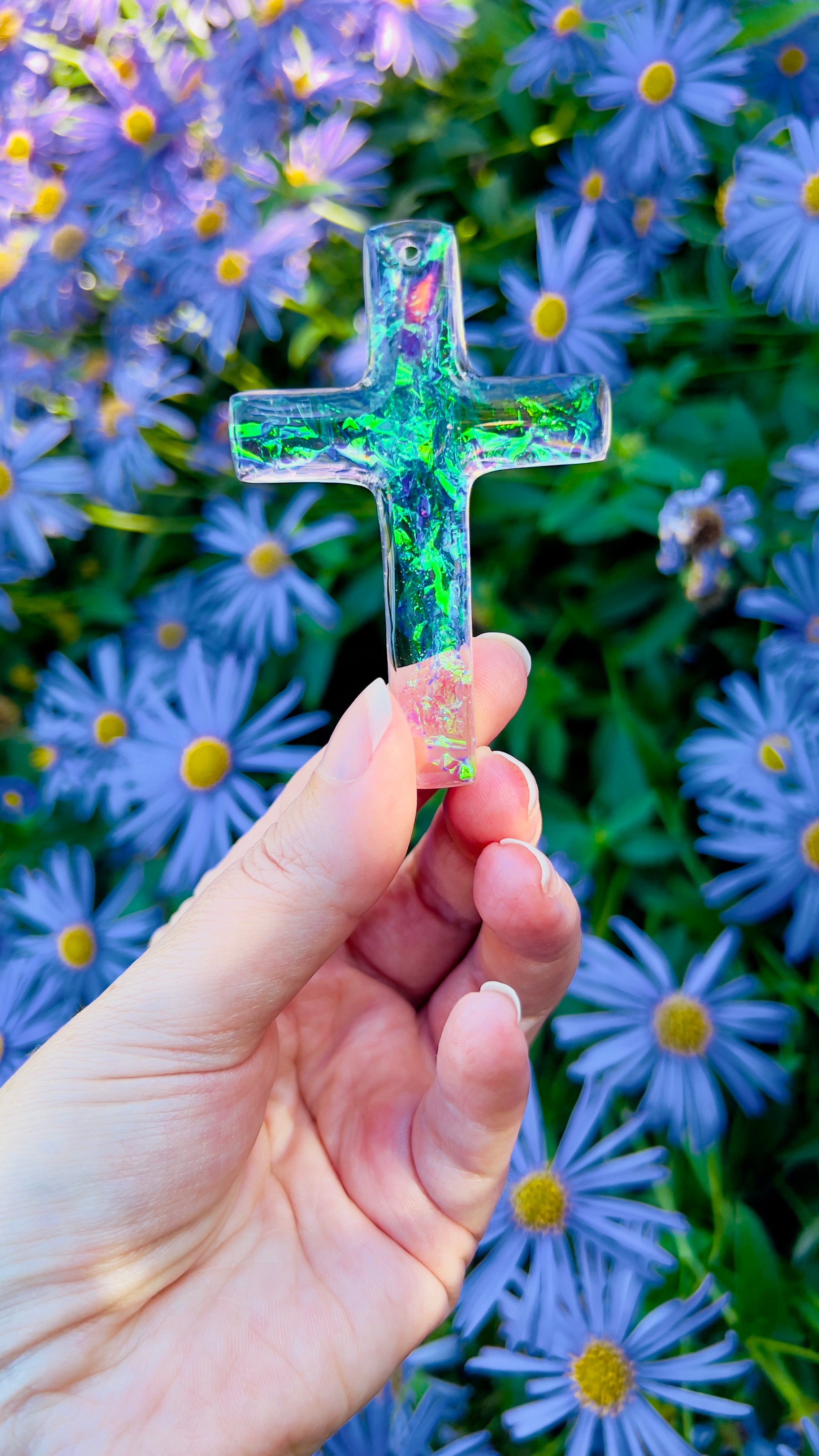 Holographic Iridescent Electric Opal Resin Cross Pendant