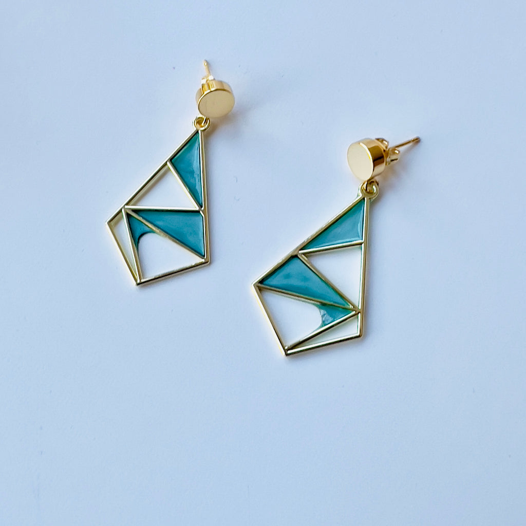 Turquoise Geometric Dangle Earrings: Gold Brass Mosaic Jewelry