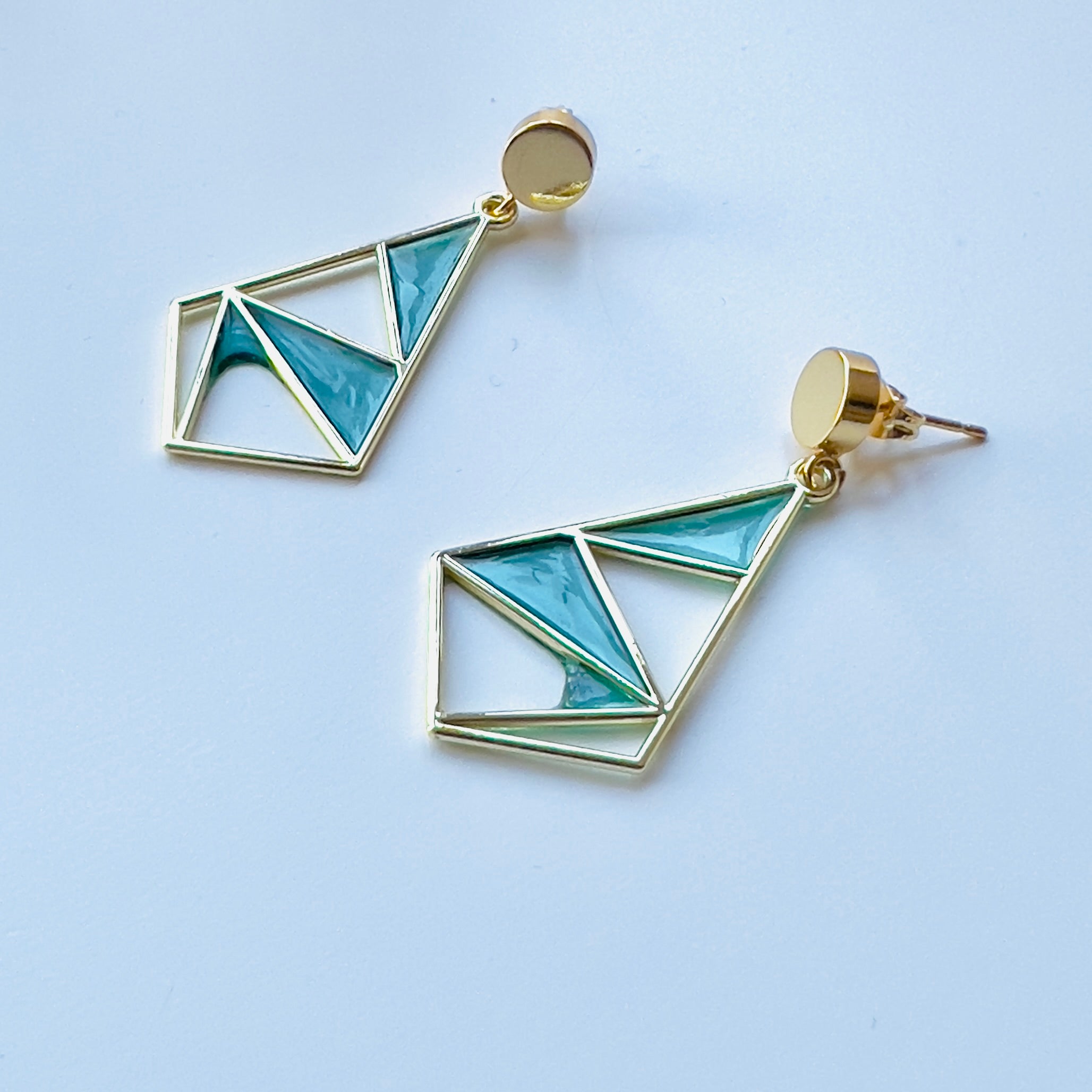 Turquoise Geometric Dangle Earrings: Gold Brass Mosaic Jewelry