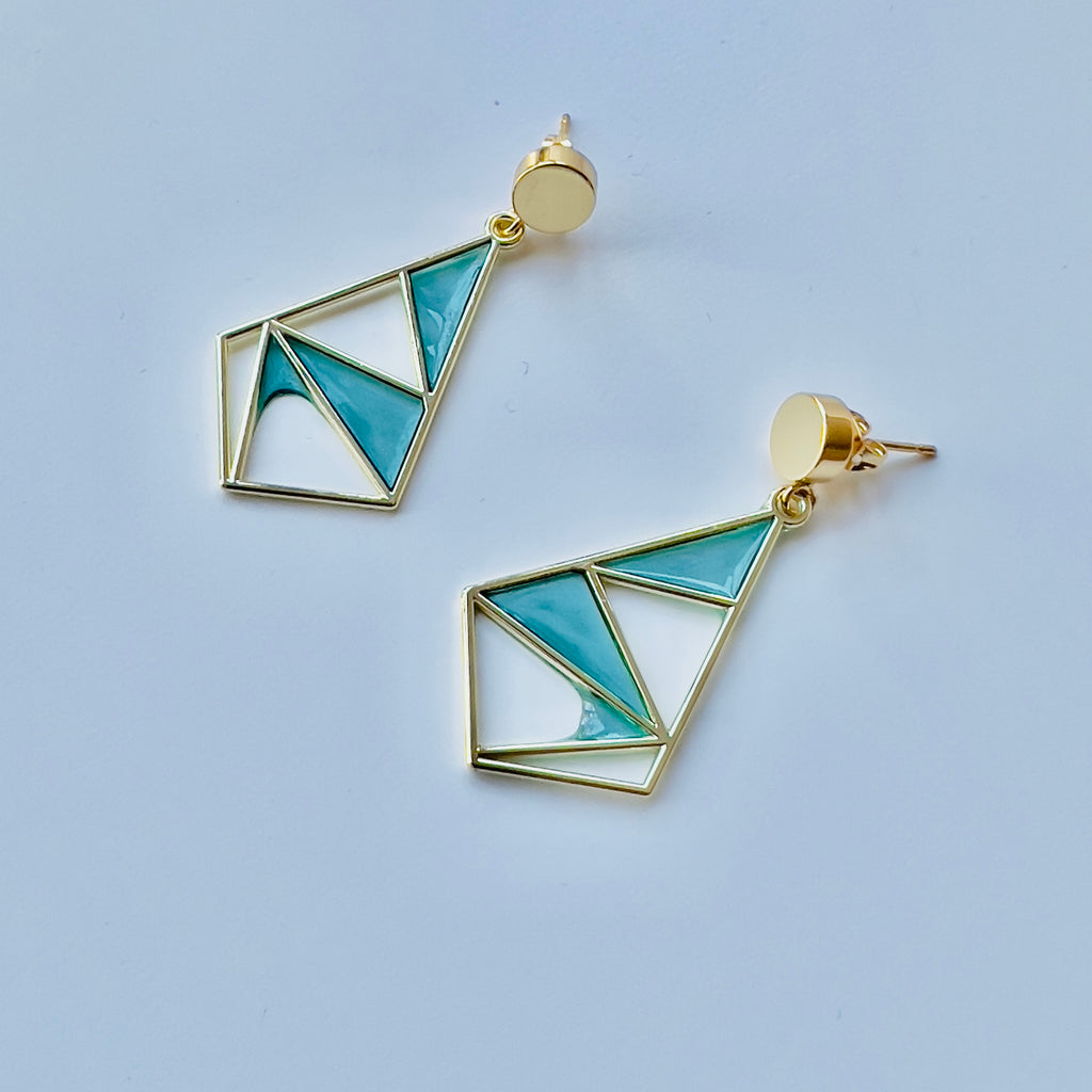 Turquoise Geometric Dangle Earrings: Gold Brass Mosaic Jewelry