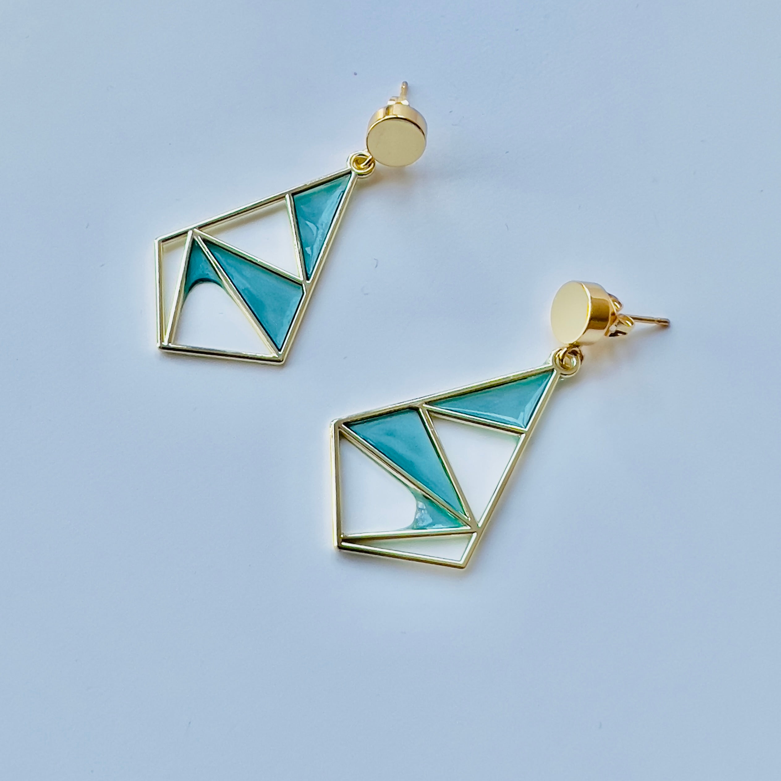 Turquoise Geometric Dangle Earrings: Gold Brass Mosaic Jewelry