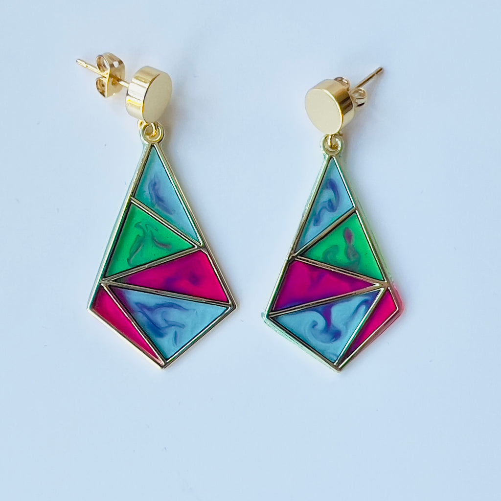 Resin Mosaic Dangle Earrings: Geometric Triangle, Gold Tone