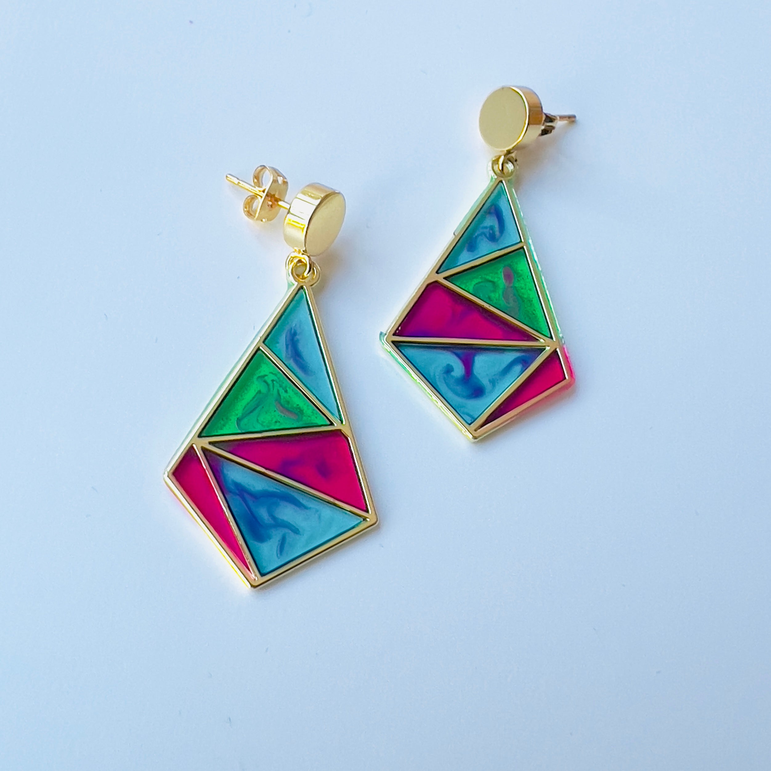 Resin Mosaic Dangle Earrings: Geometric Triangle, Gold Tone
