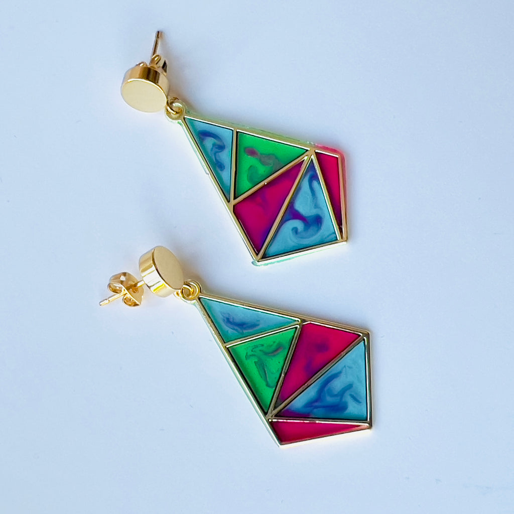 Resin Mosaic Dangle Earrings: Geometric Triangle, Gold Tone
