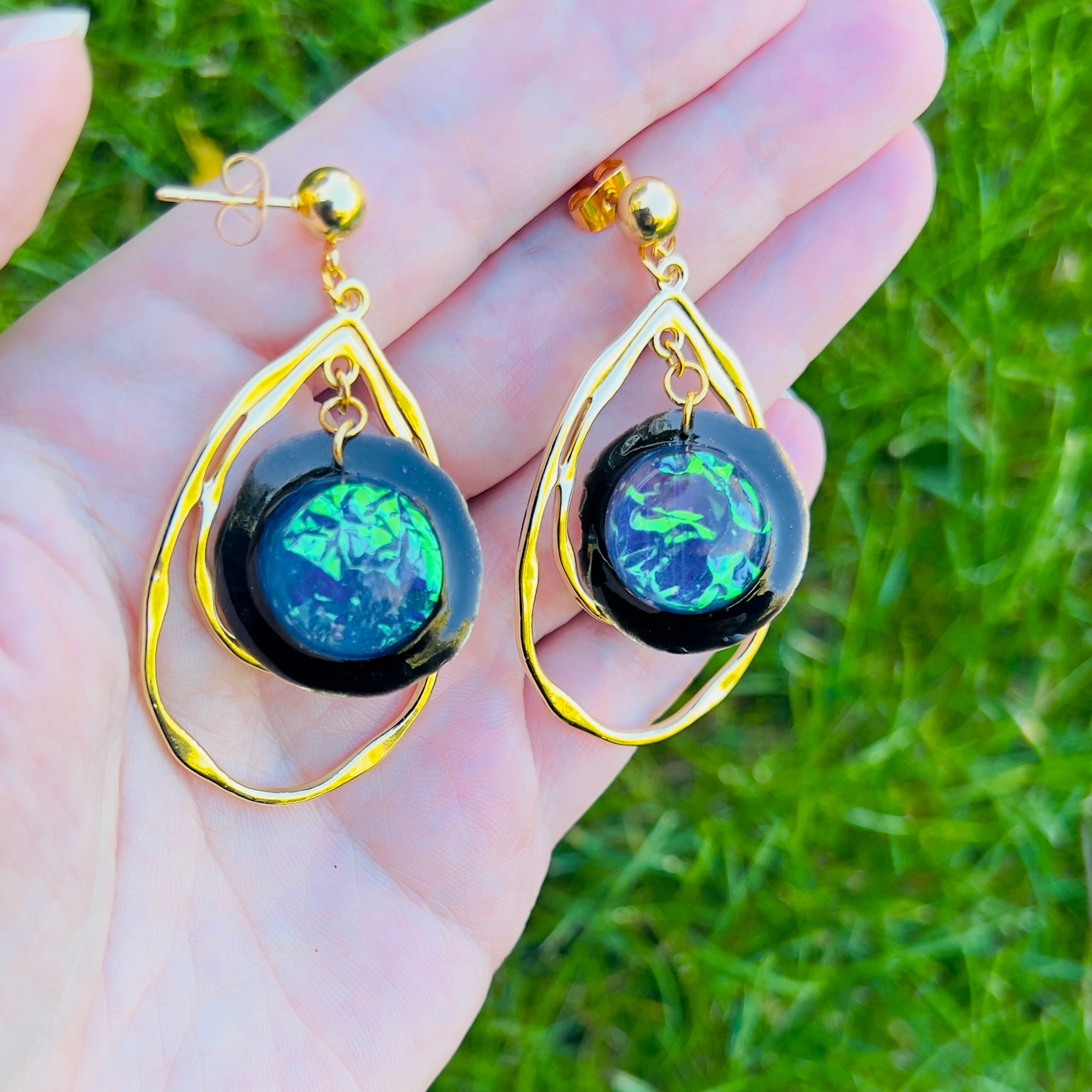 Galaxy Opal Earrings: Gold Teardrop Dangle, Handmade Resin Celestial Jewelry