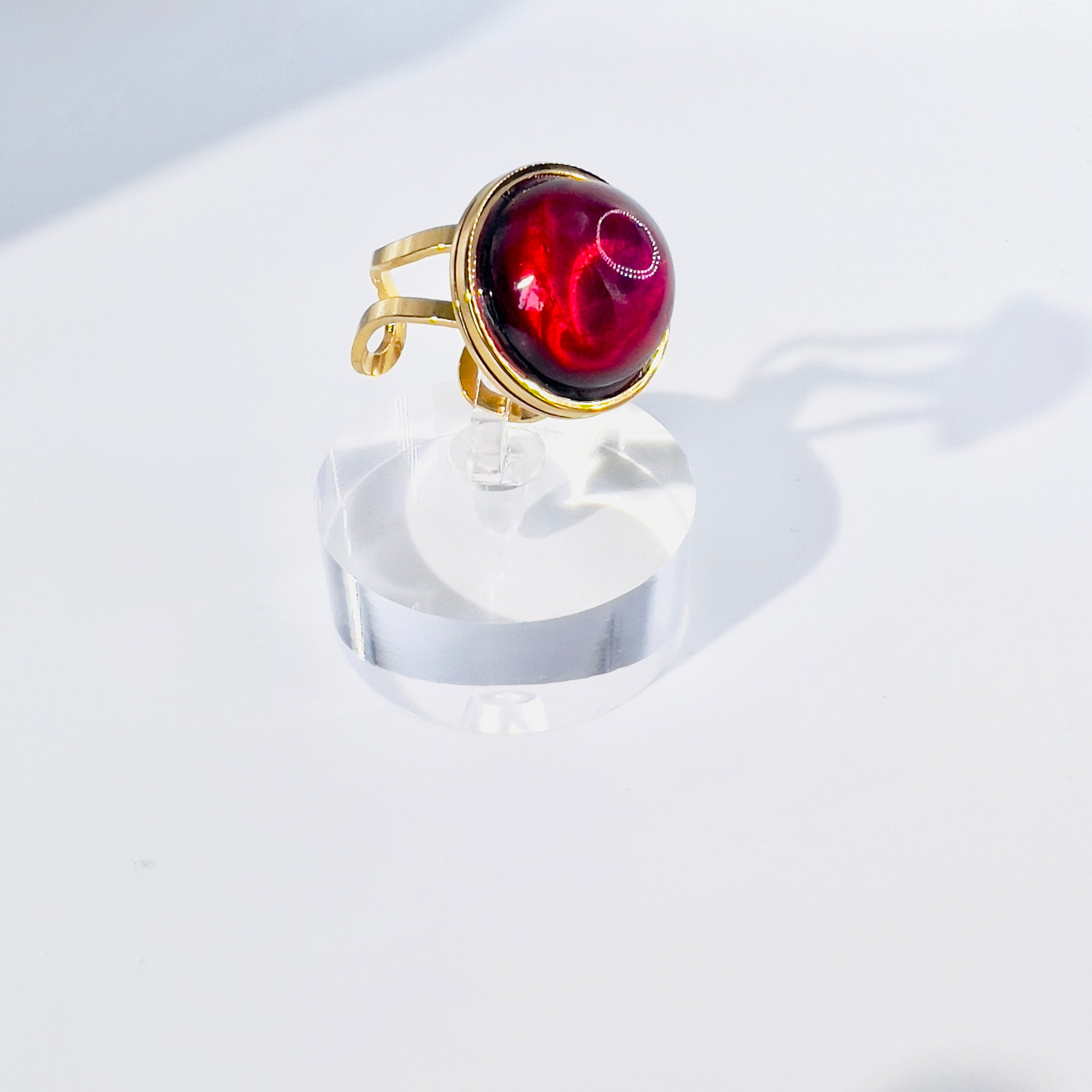 Ruby Red Resin Ring: Gold Tone Cocktail Ring