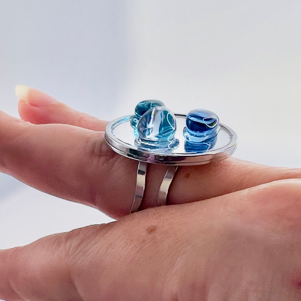 Blue Ocean Glass Pebble Ring: Adjustable Silver Statement Ring