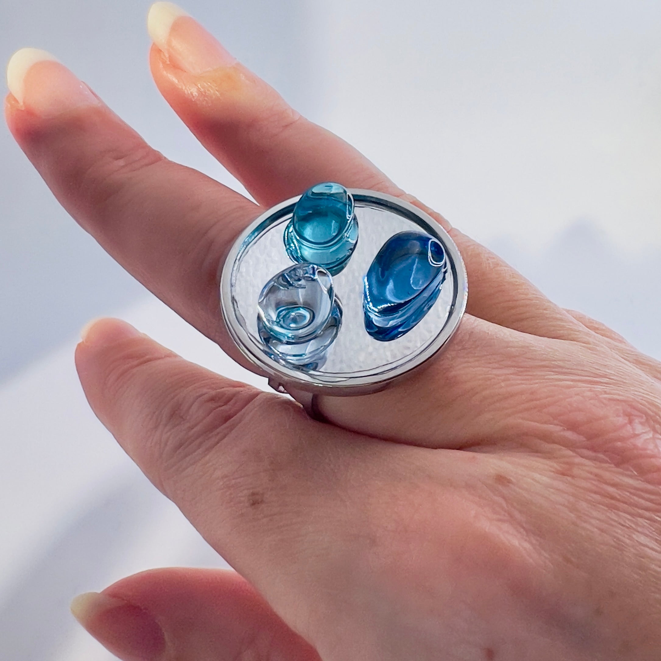 Blue Ocean Glass Pebble Ring: Adjustable Silver Statement Ring