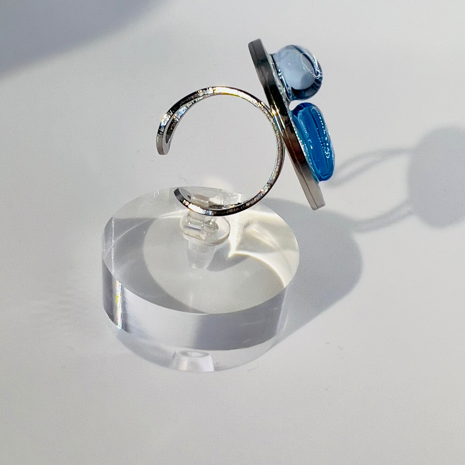 Blue Ocean Glass Pebble Ring: Adjustable Silver Statement Ring