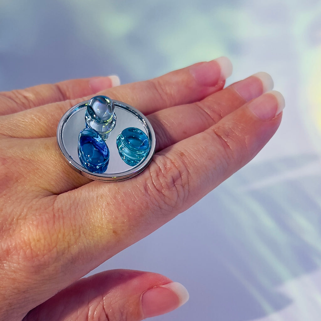Blue Ocean Glass Pebble Ring: Adjustable Silver Statement Ring