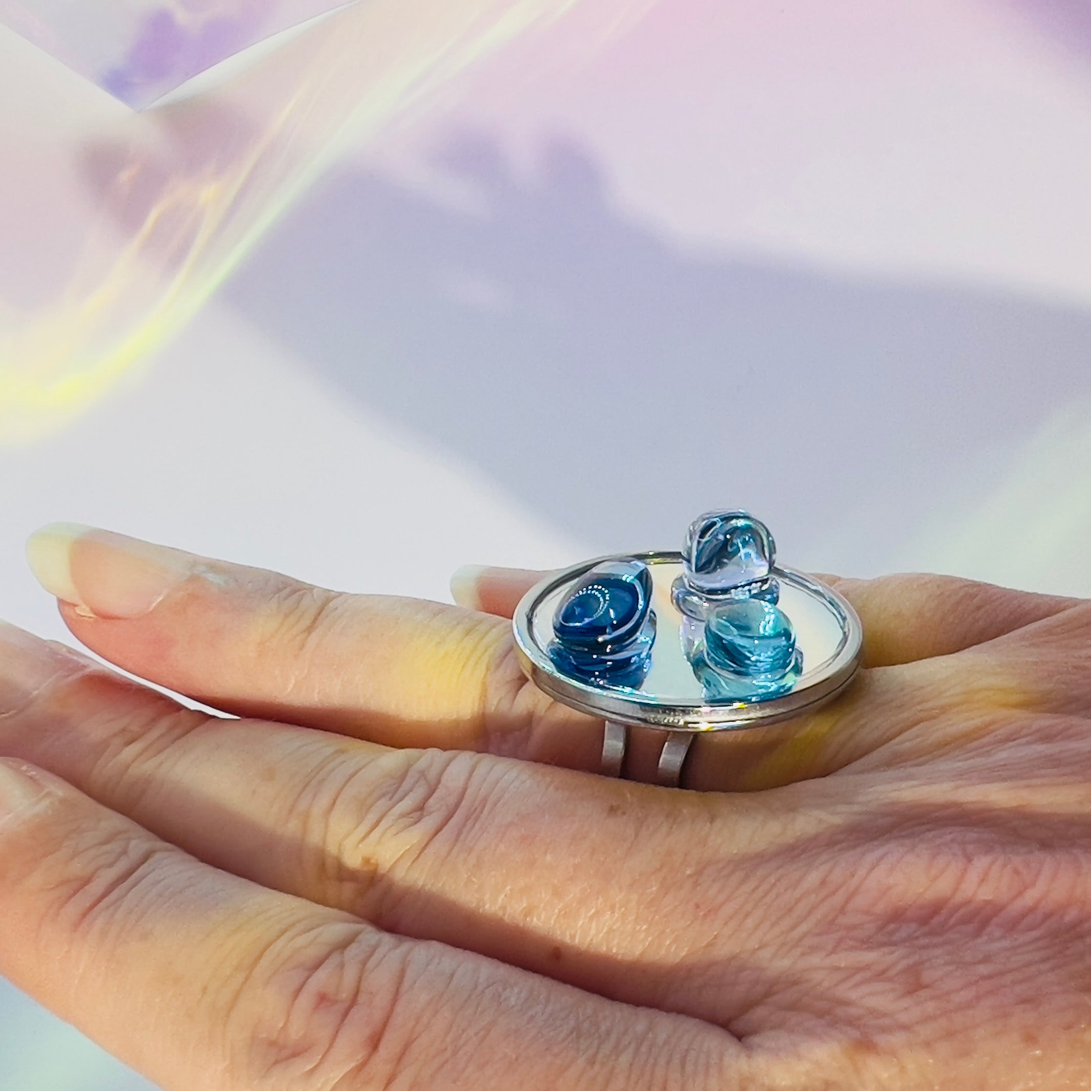 Blue Ocean Glass Pebble Ring: Adjustable Silver Statement Ring