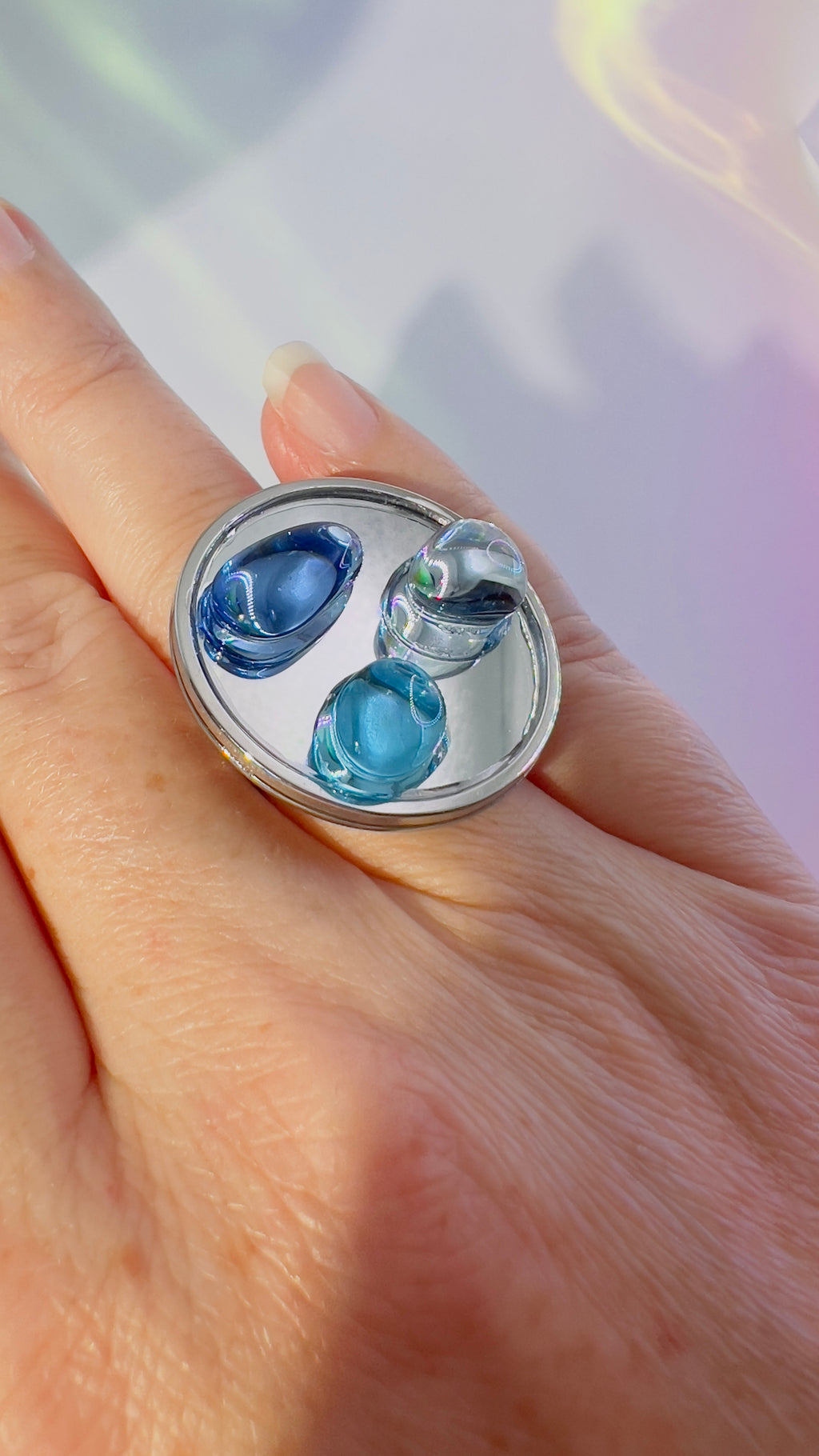 Blue Ocean Glass Pebble Ring: Adjustable Silver Statement Ring