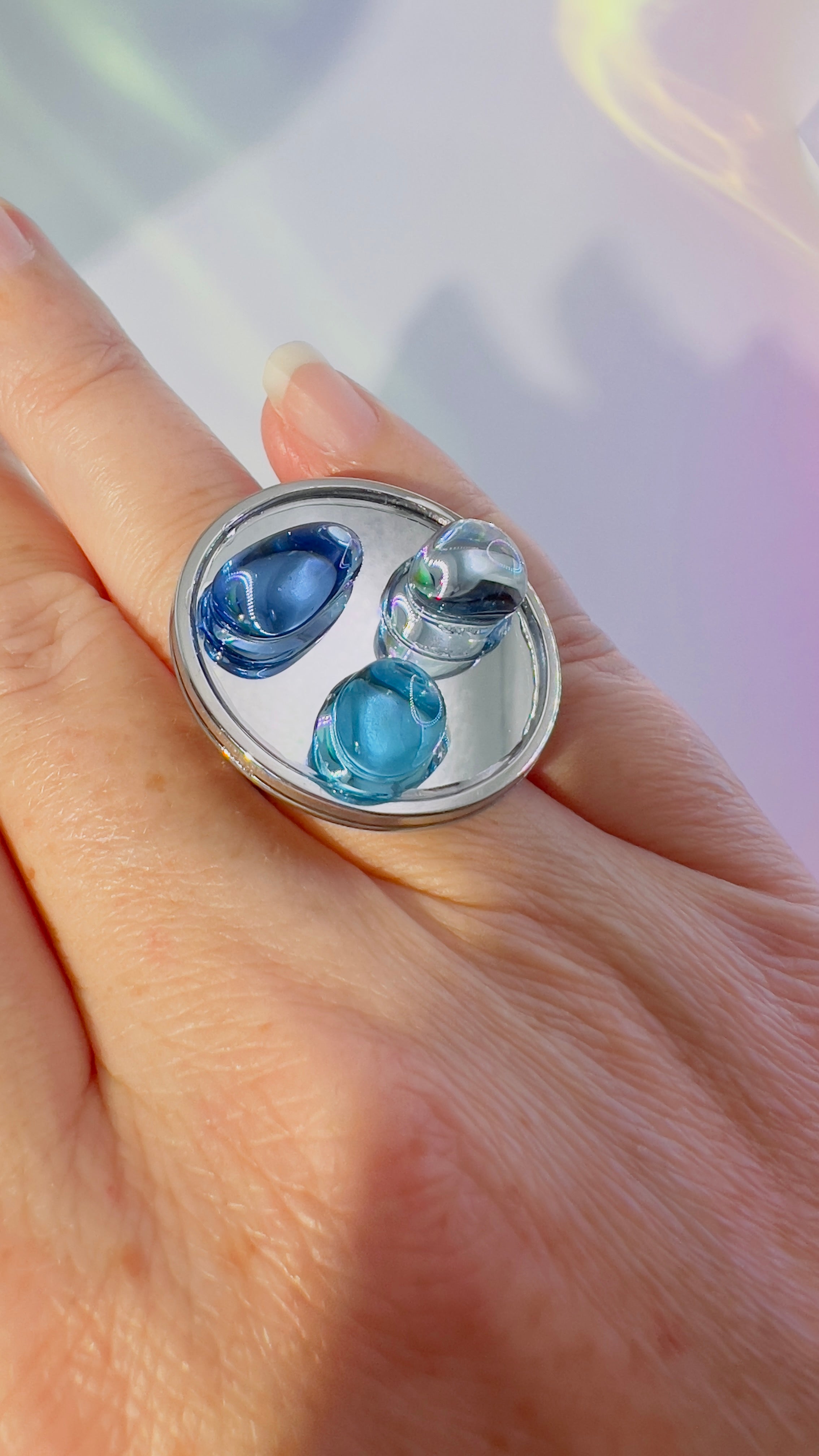 Blue Ocean Glass Pebble Ring: Adjustable Silver Statement Ring