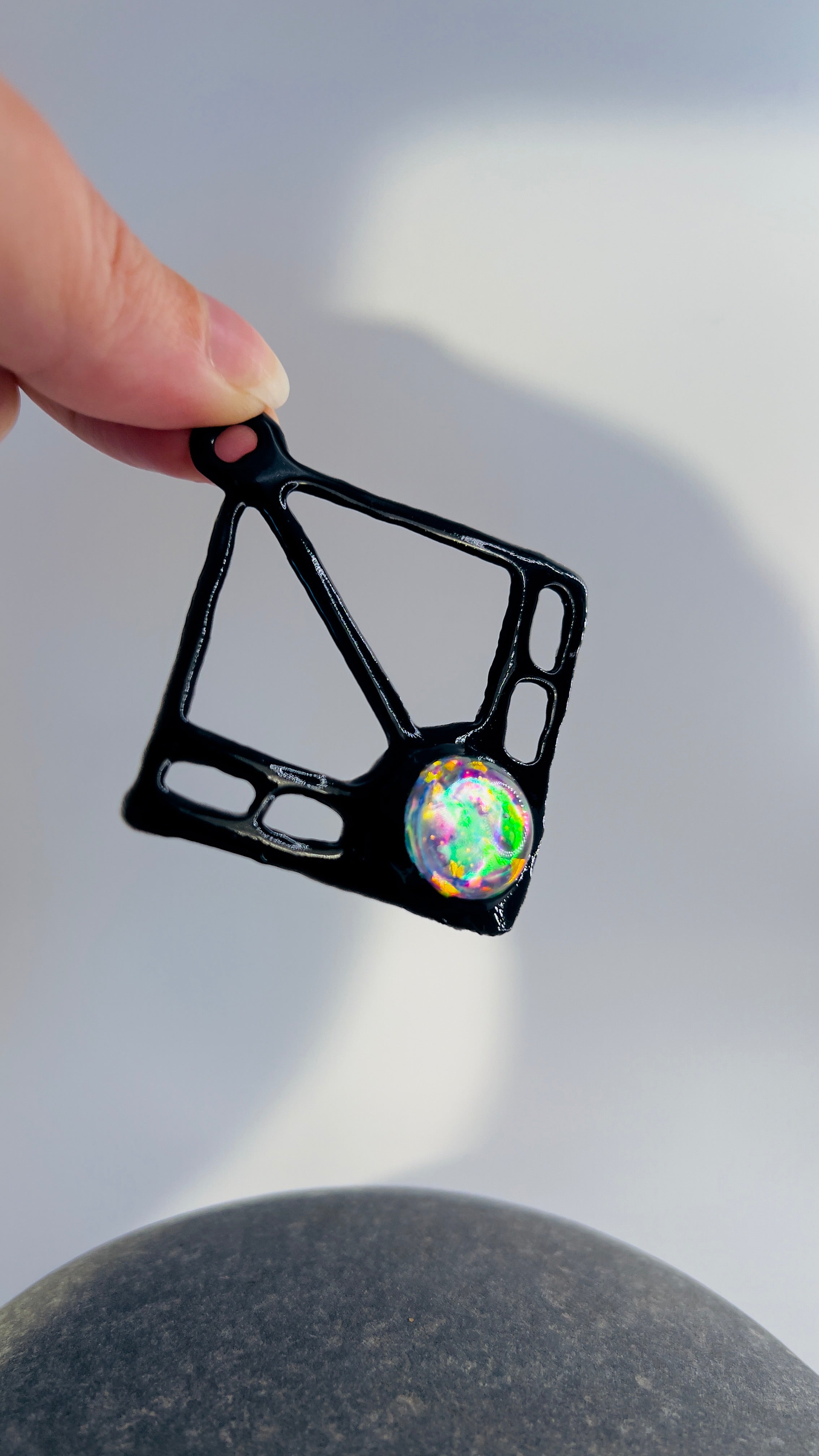 Black Resin Geometric Pendant: Modern Wearable Art Necklace