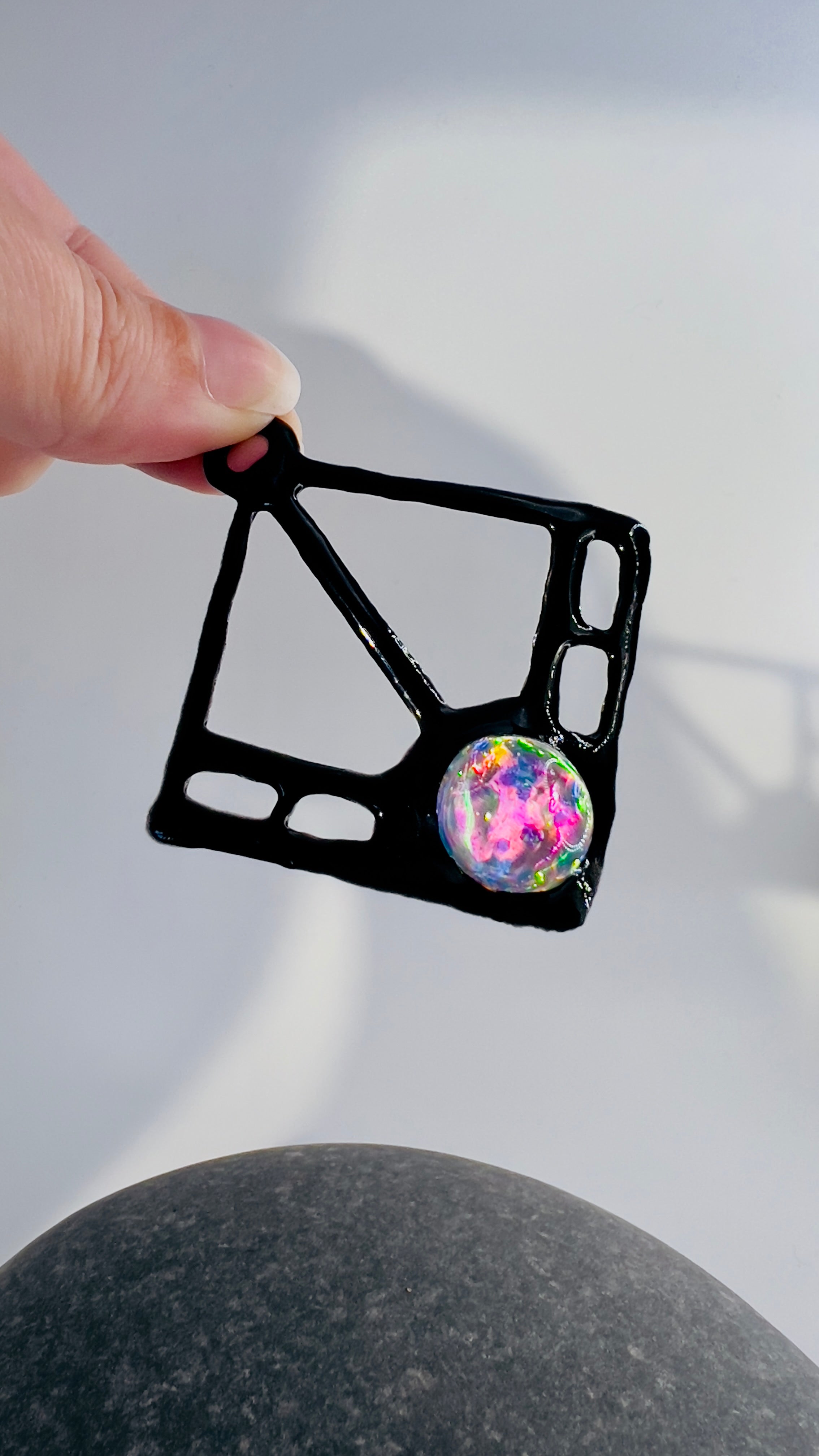 Black Resin Geometric Pendant: Modern Wearable Art Necklace