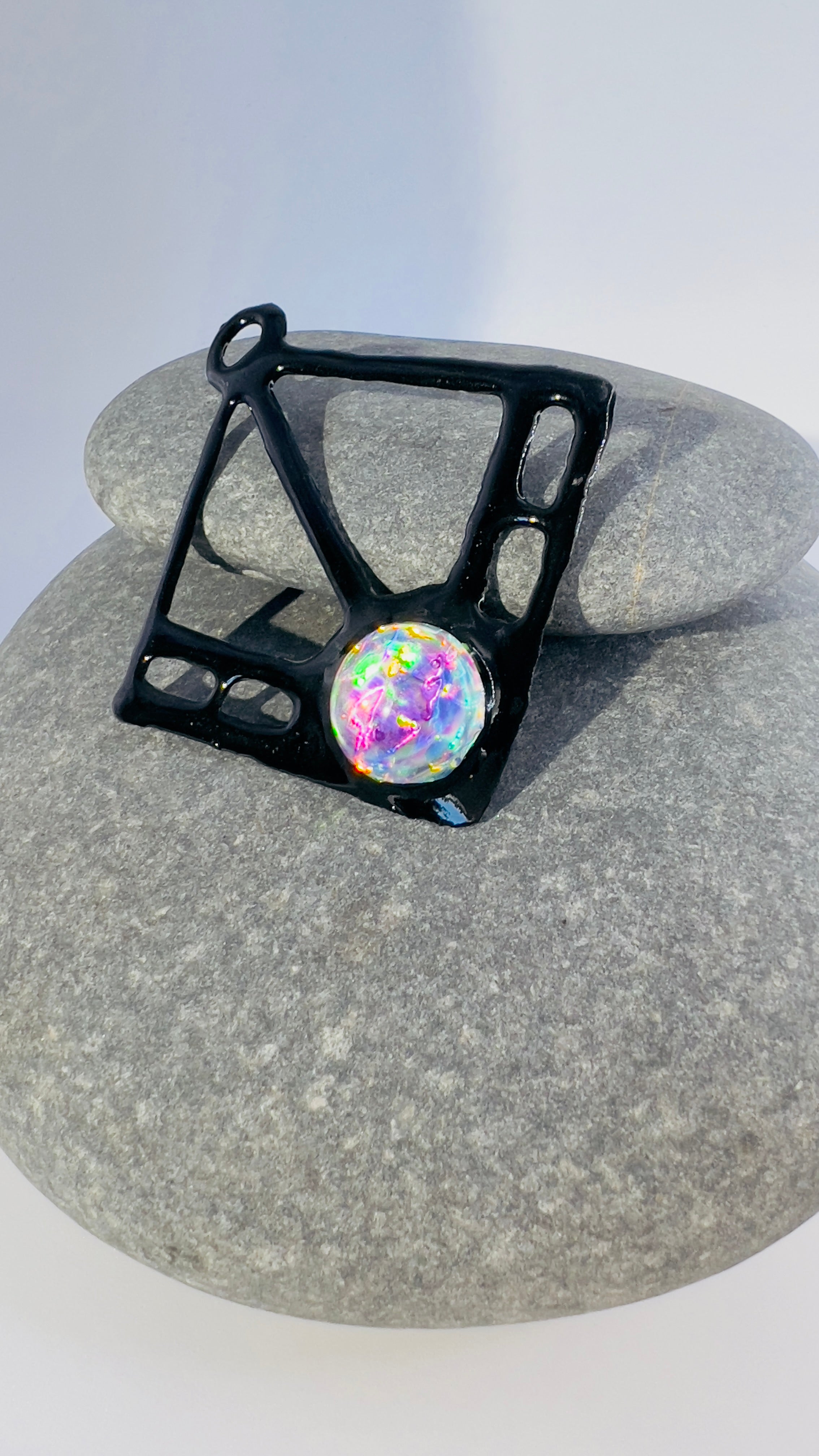 Black Resin Geometric Pendant: Modern Wearable Art Necklace