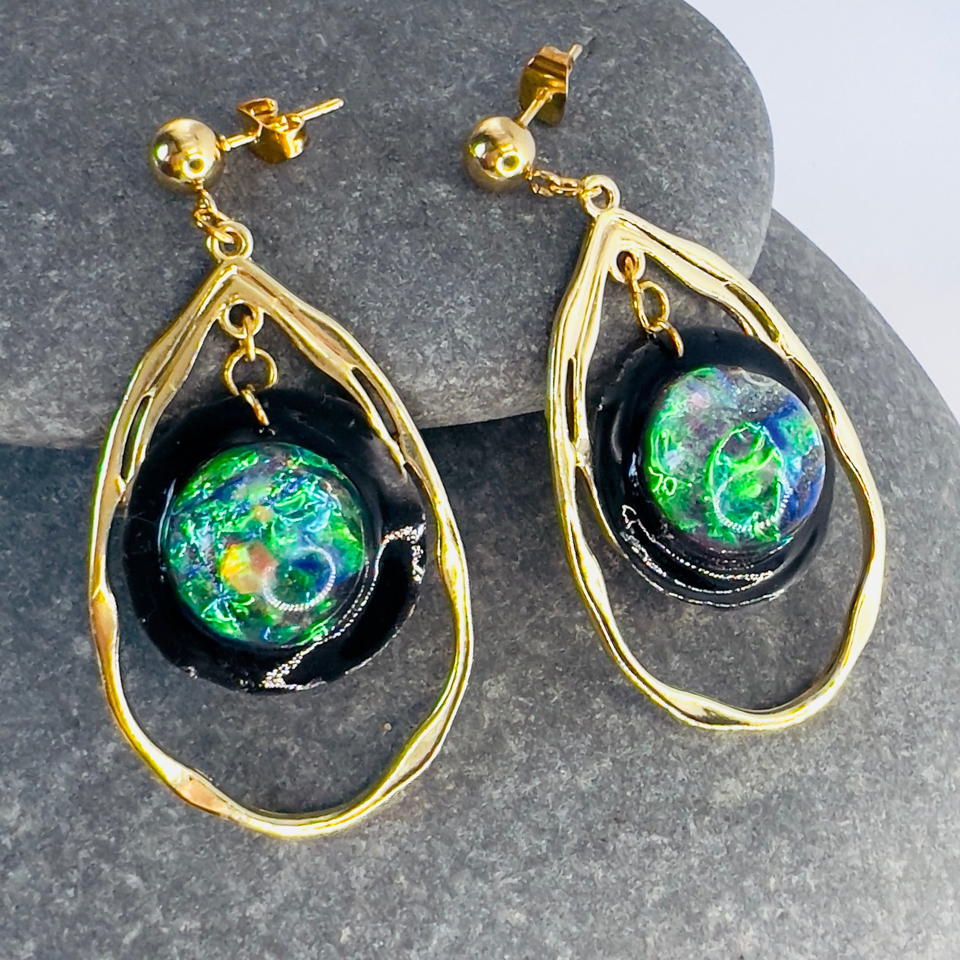 Galaxy Opal Earrings: Gold Teardrop Dangle, Handmade Resin Celestial Jewelry